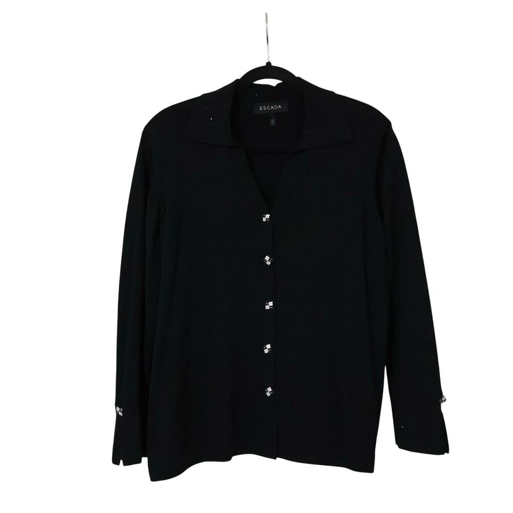 Escada Black Extra Fine Merino Wool Rhinestone Knit Sweater 44 Formal Luxury